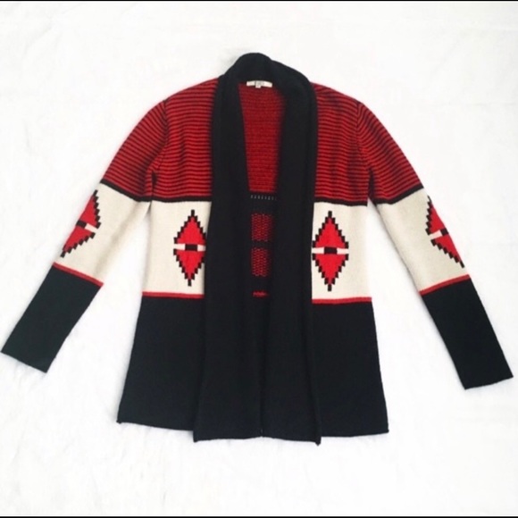 BB Dakota Wool Blend Southwest Aztec Red Black Cardigan Sweater Size Medium - Picture 2 of 9